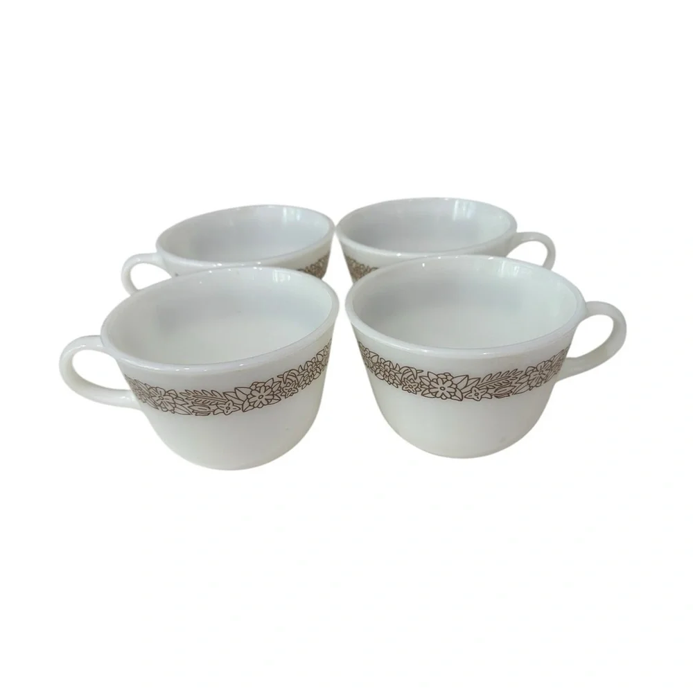 Pyrex Woodland Brown 4 Milk Glass Coffee Mugs 1978- 1983 Vintage Kitschy Collect